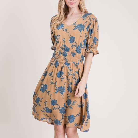 Floral Printed Elastic Waistband Dress - Picture 1 of 8